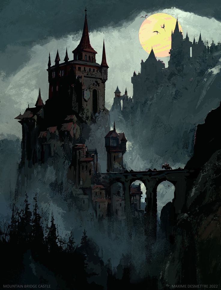 a painting of a castle on top of a mountain with a full moon in the background