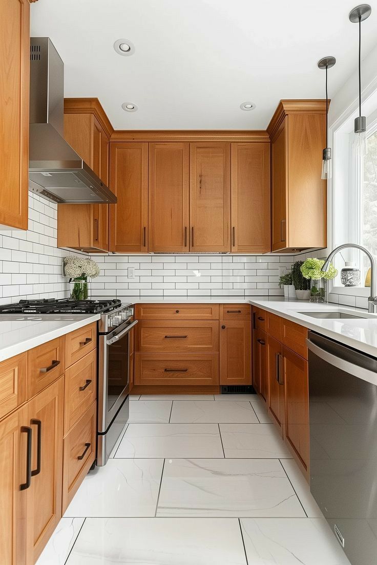 a kitchen with wooden cabinets and white tile flooring, stainless steel appliances and dishwasher