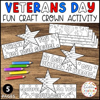 This Veterans Day crown craft is a fun and meaningful activity for Students.The Crown Hat Headband is a simple paper or cardstock craft shaped like a crown, which students can decorate and wear to show appreciation for veterans.What's Included:5 pages of printable veterans day coloring crown, hat craft designsPage size: 11 x 8.5 inHigh-quality, easy-to-print PDF file.Take a closer look at the detailed 'preview' to explore the images and get a better view of our veterans day coloring crown , hat craft before you download.It's a wonderful way for students to express their gratitude and learn about the significance of Veterans Day in a hands-on activity, using these craft crowns and hats.Other veterans day crown craft styles: Veterans Day Heart Flag Headband Crown Veterans Day Headband Soldie Veterans Day Craft, Veterans Day Coloring Page, Cardstock Crafts, Headband Crown, Crown Crafts, Veteran's Day, Hat Headband, Coloring Bookmarks, Crown Hat