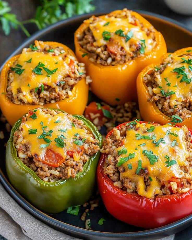 several stuffed peppers on a plate with rice and seasoning sprinkled around them