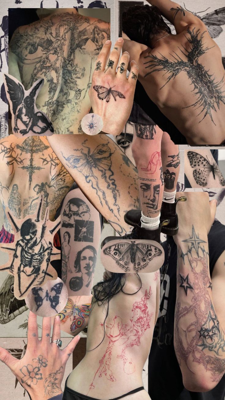 multiple images of tattoos on the back of people's bodies and hands, all with different designs