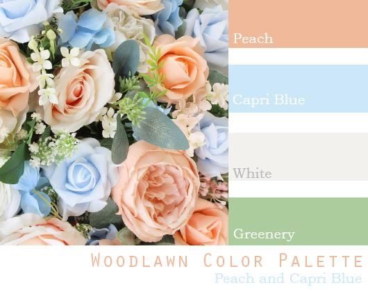 the color palette is peach, green, blue and white with flowers on it in different shades