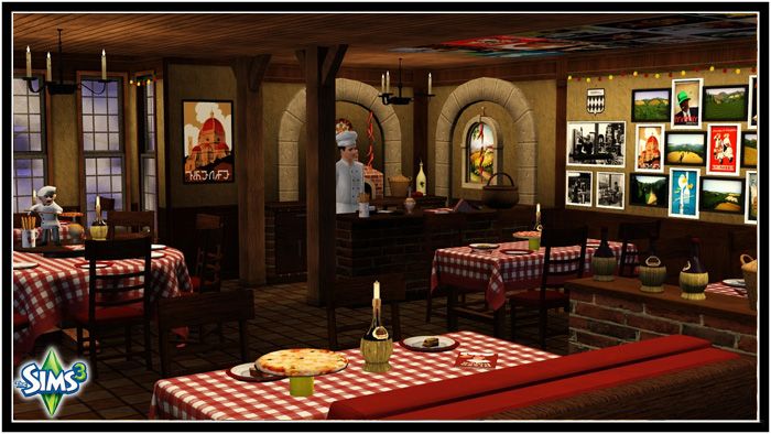 a restaurant with red and white checkered tablecloths on the tables is shown