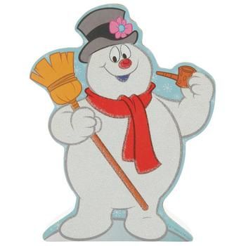 a snowman holding a broom and wearing a hat