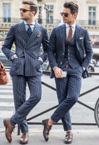 Blue Suit Shoes, Double Breasted Pinstripe Suit, Blue Suit Men, E Magazine, Suit Shoes, Fashion Suits For Men, Classic Suit, Pinstripe Suit, Suits And Jackets