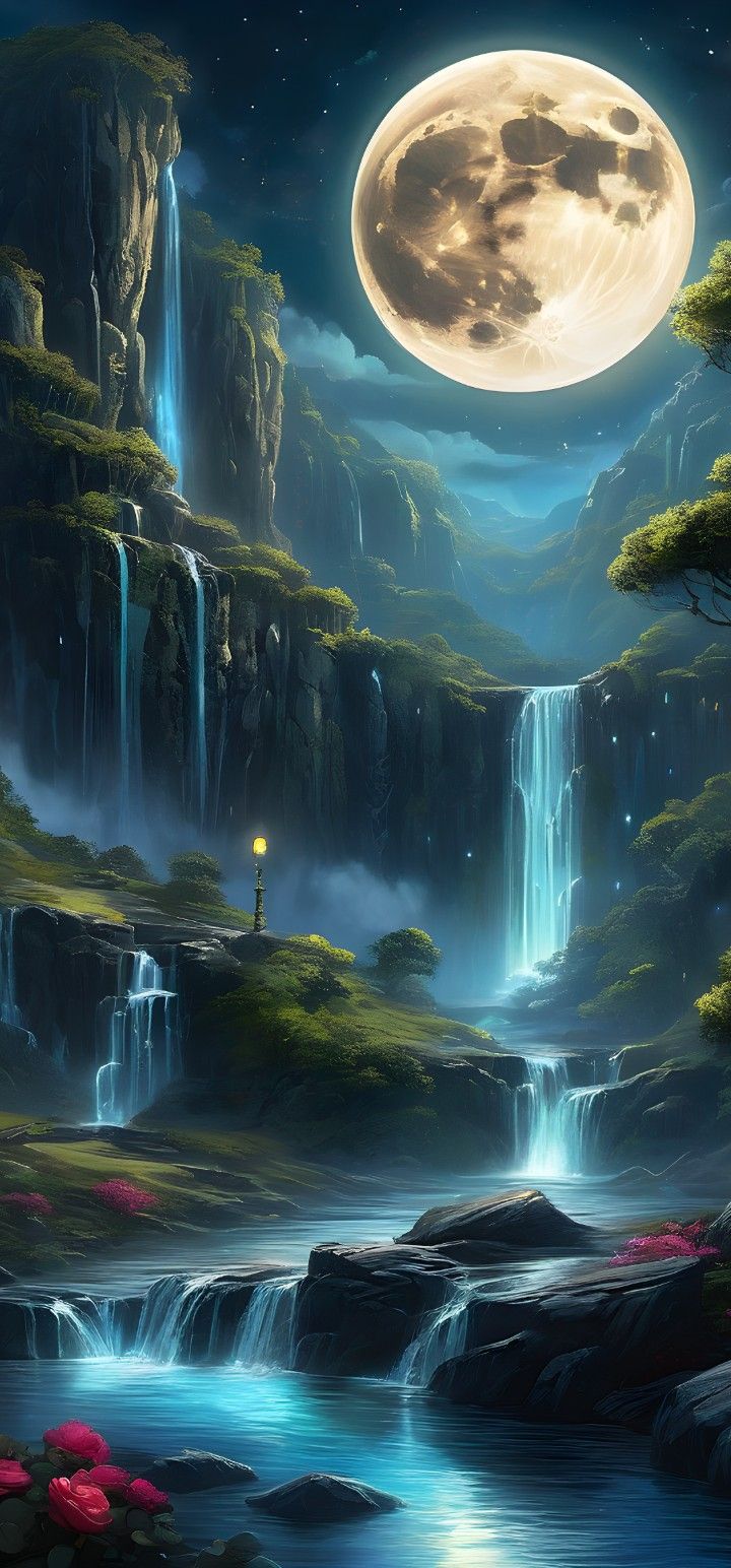 a painting of a waterfall with a full moon in the background