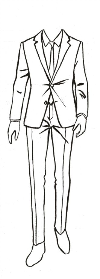 a black and white drawing of a man in a suit with his hands on his hips