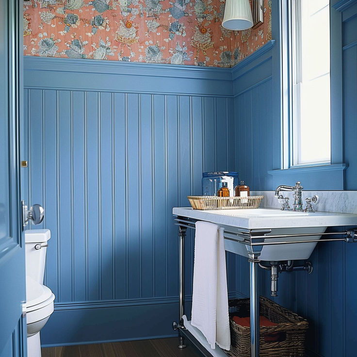 a bathroom with blue walls and wood flooring has a sink, toilet, and mirror