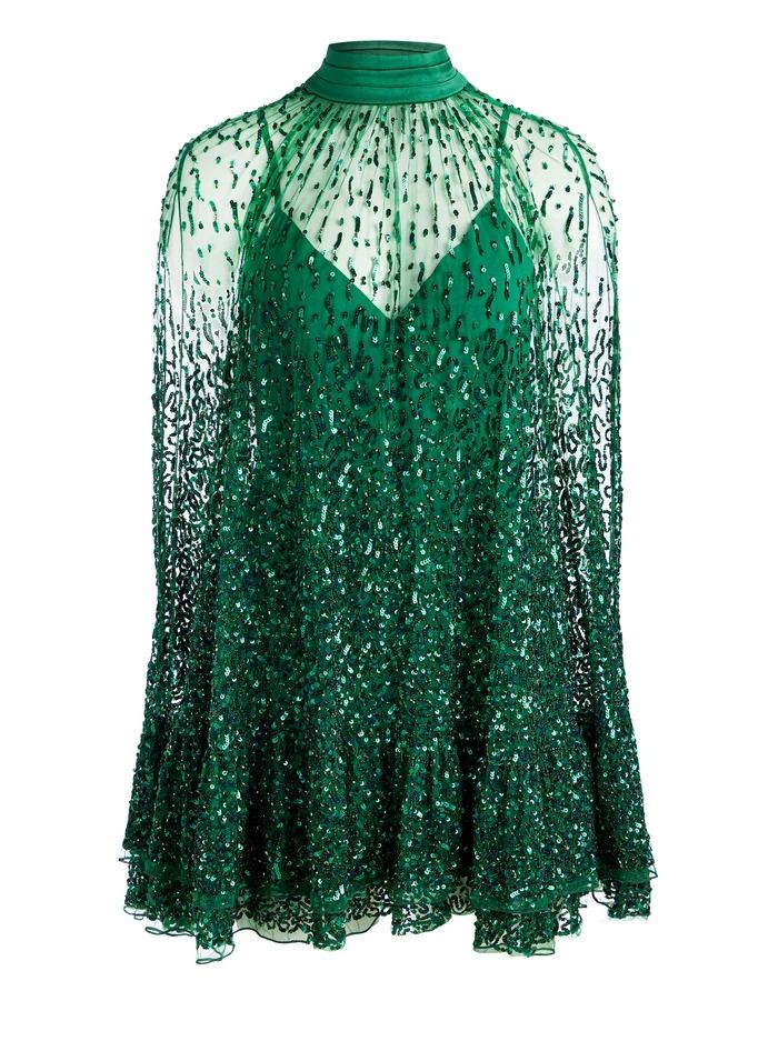 Vestido corto con capa y adornos Zenon en verde bosque | Alice + Olivia Luxury Sequined Dresses With Cape Sleeves, Luxury Sequin Dress With Cape Sleeves, Luxury Party Dress With Cape Sleeves, Evening Dresses With Sequins And Cape Sleeves, Glamorous Dresses With Cape Sleeves, Glamorous Mini Dress For Events, Cocktail Dress With Embellished Cape Sleeves, Embellished Cocktail Dress With Cape Sleeves, Embellished Cocktail Dresses With Cape Sleeves