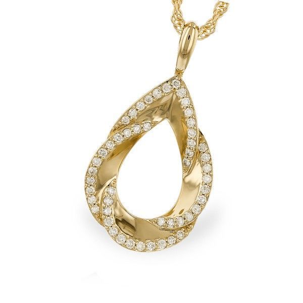 Made of 14k yellow gold, this pendant features a fancy open teardrop design with a total diamond weight of 0.25 carats. It comes with a chain and is a beautiful addition to any women's jewelry collection. Gold Teardrop Jewelry With Pave Setting, Teardrop Yellow Gold Jewelry With Diamond Accents, Yellow Gold Teardrop Diamond Necklace For Anniversary, Teardrop Diamond Necklace In 14k Gold For Anniversary, Teardrop Diamond Necklace With 14k Gold Accents, Gold Teardrop Diamond Necklace With Brilliant Cut, Gold Teardrop Diamond Necklace, Gold Teardrop Brilliant Cut Diamond Necklace, Gold Diamond Teardrop Necklace With Brilliant Cut