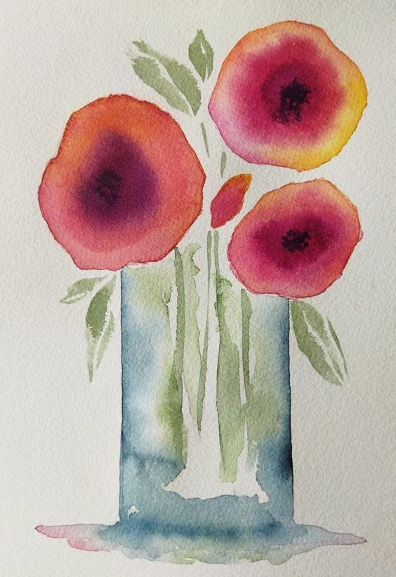 watercolor painting of three red flowers in a vase