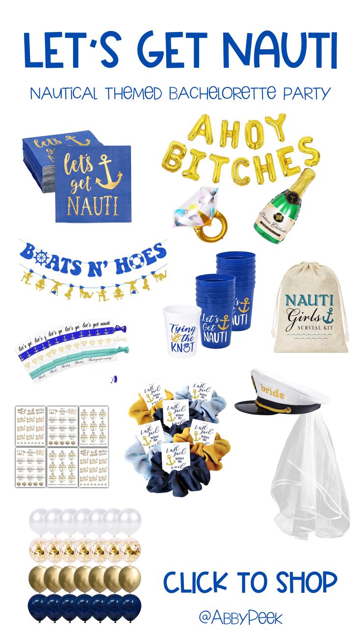 a bunch of items that are on top of a white sheet with the words let's get nauti