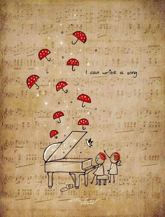 two children are playing the piano with umbrellas flying above them and an old sheet music background