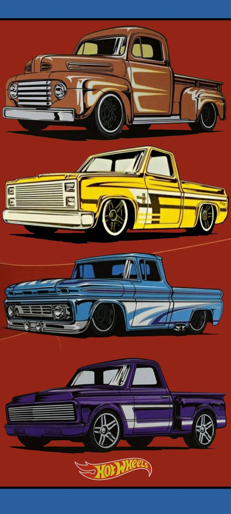 four different colored cars are shown on a red and blue background with the words hot rod written