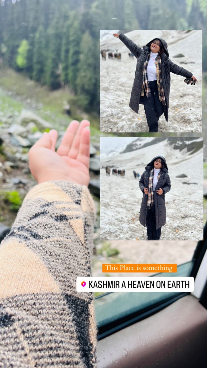 a collage of photos showing different views of a woman's hand and her sweater