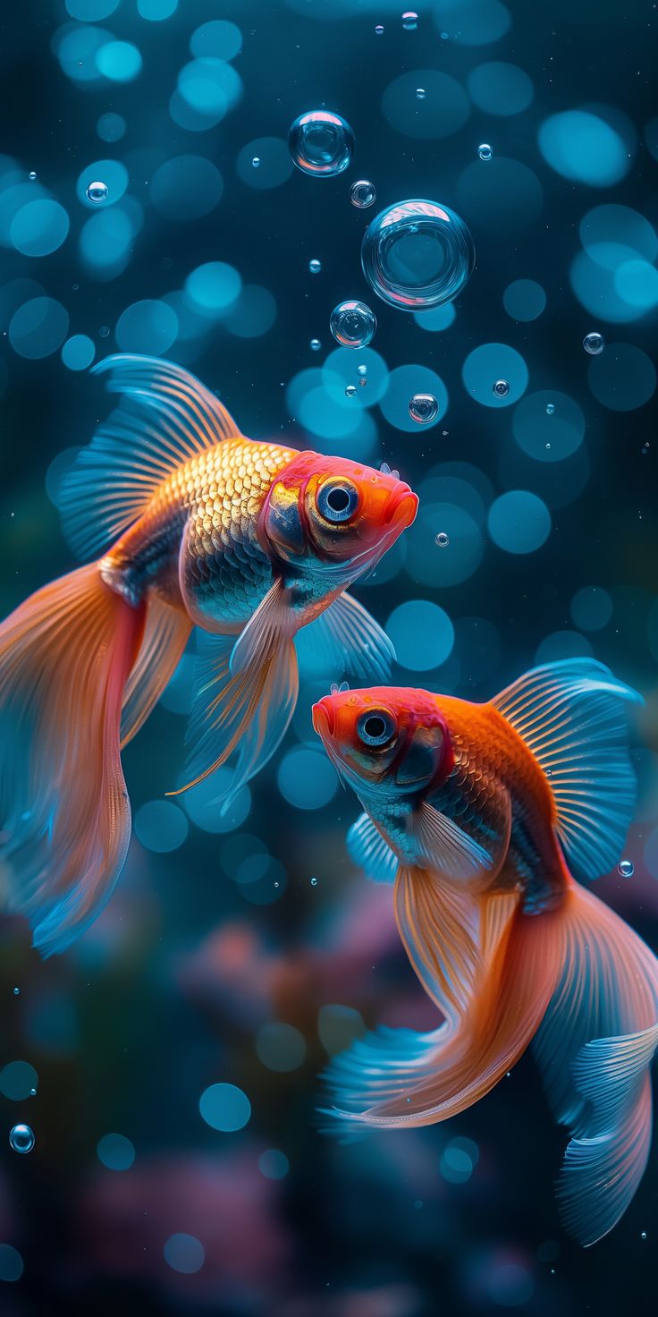 two goldfishs swimming in an aquarium with bubbles on the water and blue background