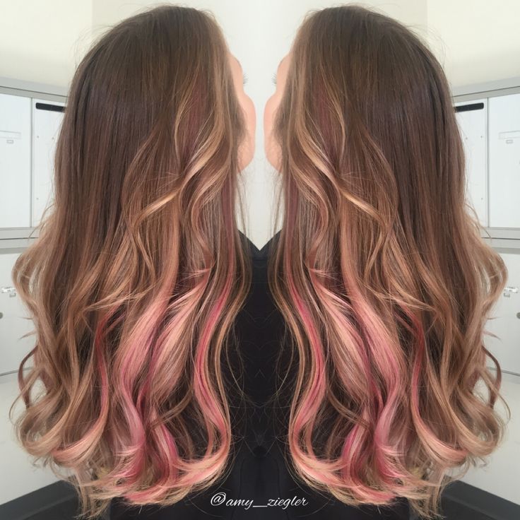 Soft Pink PeekABoo with Blonde balayage by @amy_ziegler #askforamy#versatilestrands Brown Hair With Pink Peekaboo, Peekaboo Rose Gold, Dark Brown Hair With Pink, Brown Hair With Pink, Pink Peekaboo Highlights, Pink Peekaboo Hair, Pink Peekaboo, Pink Hair Streaks, Pink Hair Highlights