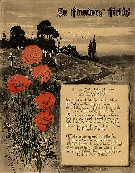 an old fashioned poster with red flowers on it's side and the words in flanders fields