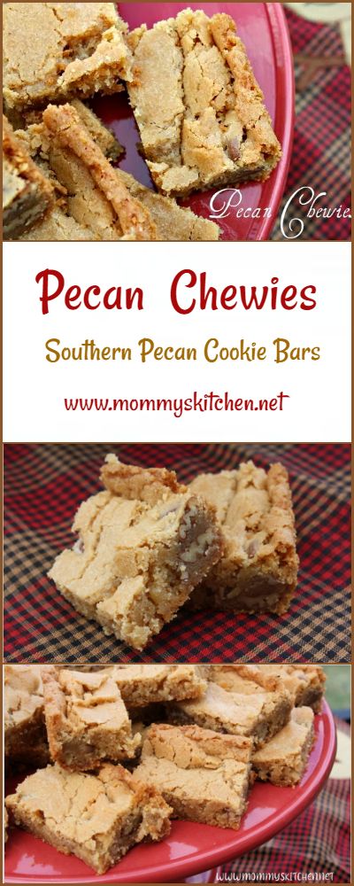 pecan chewies southern pecan cookie bars on a red plate with text overlay