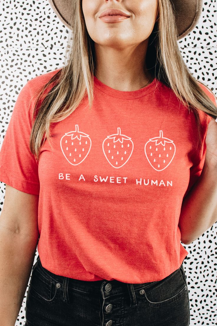 This cute shirt features three strawberries and the words "Be a Sweet Human." This trendy design will be one that you reach for again and again! Strawberry Clothes, Cottage Core Clothes, Etsy Shirts, Core Clothes, Fruit Shirt, Strawberry Shirt, Kindness Shirt, Cottagecore Shirt, Tee Designs