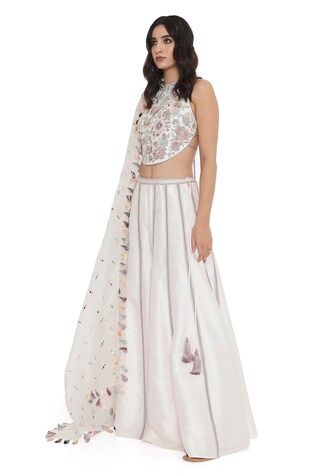 Off white and ivory sleeveless halter neck choli with all over petal bloom embroidery. Paired with a kalidar sharara. - Aza Fashions Sharara For Women, Bloom Embroidery, Jayanti Reddy, Payal Singhal, Tarun Tahiliani, Dupion Silk, Silk Embroidery, Modern Bride, Aza Fashion