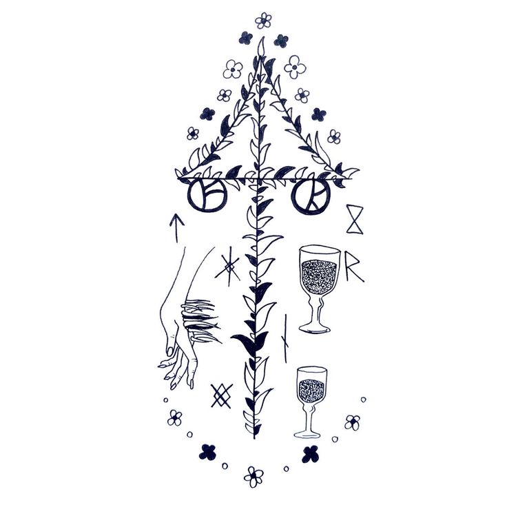 a drawing of an upside down tree with wine glasses and flowers on the bottom half