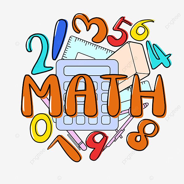 the word math is surrounded by school supplies and numbers, including a calculator