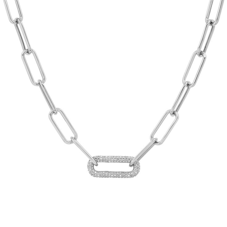 Large Paperclip Link Necklace with Diamond Link Luxury Necklace With Rectangular Links, Everyday Fine Jewelry Paperclip Chain Necklace, Modern Paperclip Chain Jewelry, Fine Jewelry Paperclip Chain Link Necklace, Fine Jewelry Paperclip Chain Necklace, Modern White Gold Jewelry With Paperclip Chain, White Gold Paperclip Chain Necklace For Formal Occasions, Formal White Gold Necklace With Paperclip Chain, Formal White Gold Paperclip Chain Necklace