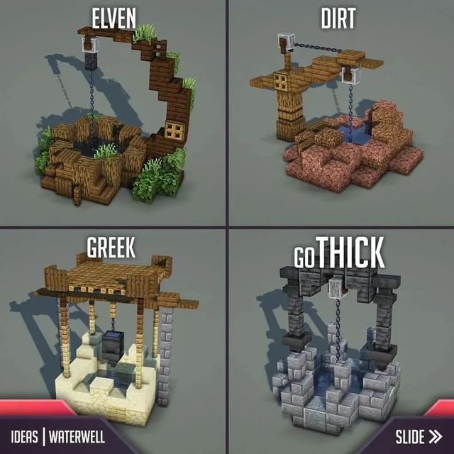 four different types of minecraft structures with the words go thick, go whitewell, and even go dirt