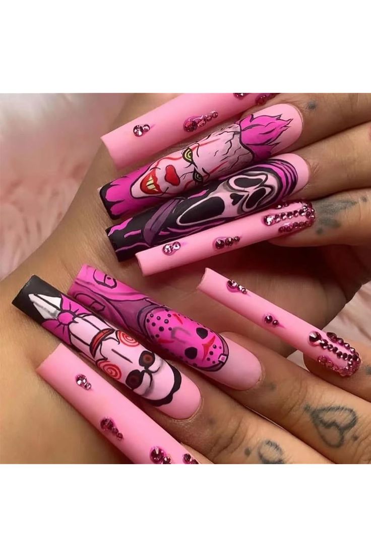 Halloween Press on Nails Long- 24Pcs Halloween Fake Nails Ghost Clown Full Cover Glue on Nails Extra Long Coffin False Nails with Rhinestones Pink Acrylic Nails for Women Halloween DIY Salon Nails Halloween Fake Nails, Nails Ghost, Magical Nails, Diy Nail Art Tools, Spooky Nails, Diy Salon, Nails Extra, Halloween Acrylic, Salon Nails