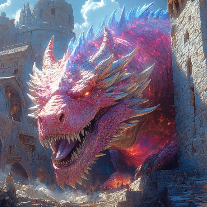 a pink dragon is standing in front of a castle with its mouth open and it's tongue out