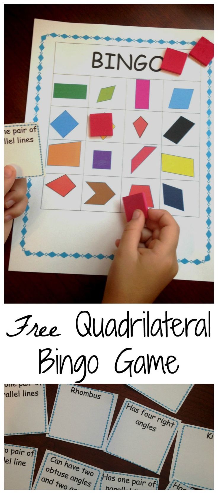 the free quadrilateral bingo game is an easy way to practice numbers and shapes