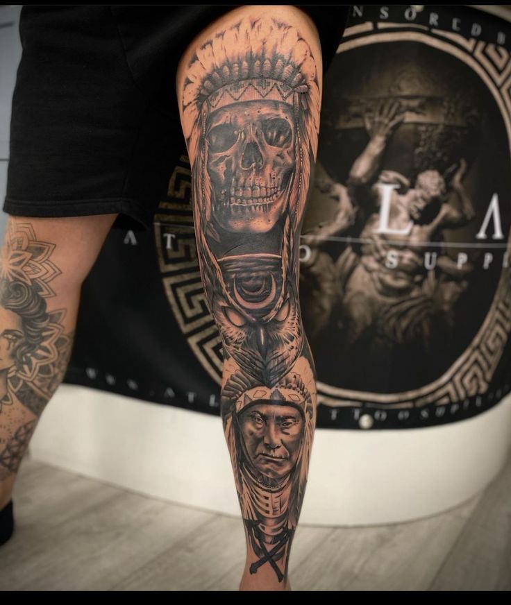 a man's leg with tattoos on it and an image of a skull in the background