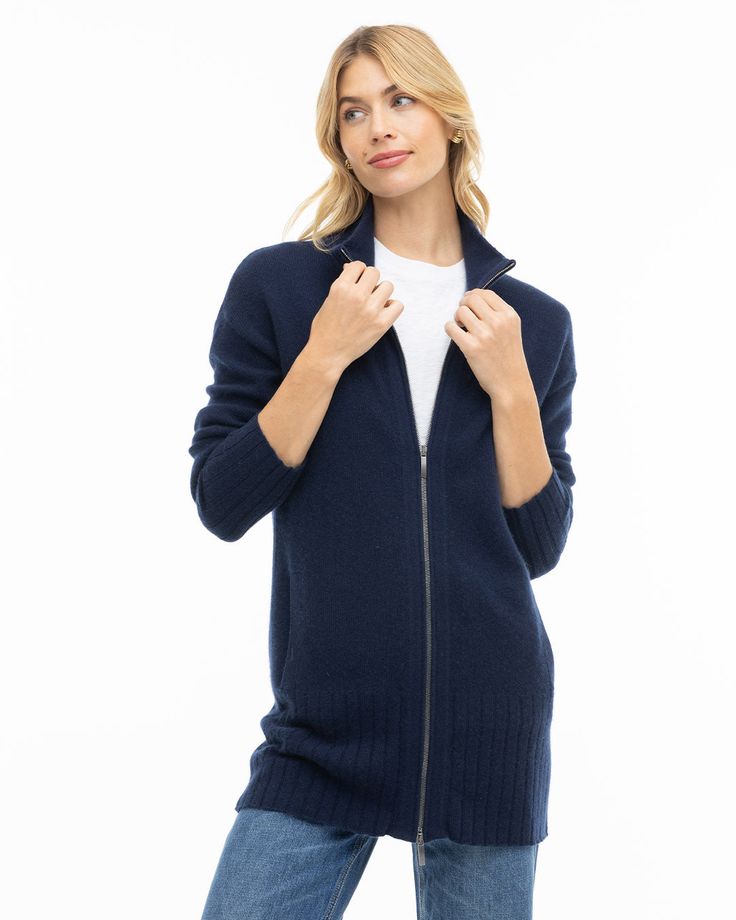 Good cashmere is a luxury worth owning. As the coolness of fall returns, our versatile cashmere zip-up sweater will keep you warm and looking your best. This double-zip, a year-round cardigan is sophisticated enough to wear at the office and comfortable for everyday use around the home or out on the town. Created from certified grade-A 100% cashmere, the full-zip cardigan sweater is luxuriously soft and comfortable. A pair of deep front pockets allow you to store all your items and will keep you Zip Up Cardigan, Zip Cardigan, Womens Cashmere, Cashmere Cardigan, Zip Up Sweater, Staple Pieces, Up Styles, Favorite Jeans, Zip Up