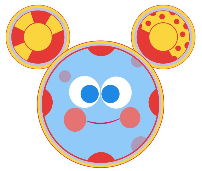 a mickey mouse face with two ears and one eye is shown in red, yellow and blue