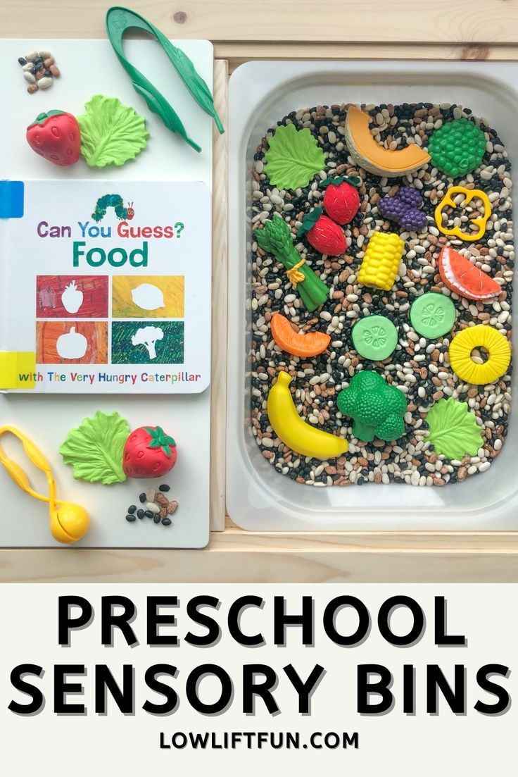 Fruit and Vegetables Sensory Bin - preschool sensory bins: beans with play food and Eric Carle book Fruit And Vegetable Sensory Bin, Montessori Fruits And Vegetables, Fruit Loop Sensory Bin, Healthy Eating Sensory Bin, Healthy Habits Sensory Bin, Fruit Sensory Bin, Food Sensory Bin, Food Sensory Play, Sensory Bins For Preschool