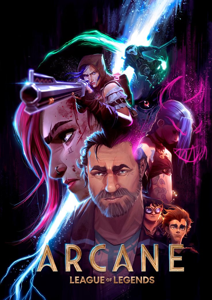 the poster for arcane league of legend's, featuring two men and one woman