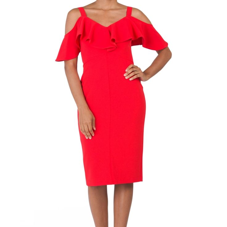 Pop-Over Flounce Top, Lined Dress, V-Neck, Cold Shoulder Sleeve, Stretchy. This Dress Is Such An Eye-Catcher And You Will Be Noticed Wearing It. Feel Free To Ask Me Any Questions. Red V-neck Dress For Spring Date Night, Chic Red V-neck Midi Dress, Spring Red V-neck Dress For Night Out, Red Fitted V-neck Dress For Date Night, Red V-neck Dress For Spring Formal, Red V-neck Dress For Formal Spring Occasions, Red Knee-length V-neck Party Dress, Knee-length Red V-neck Party Dress, Red V-neck Midi Dress For Night Out