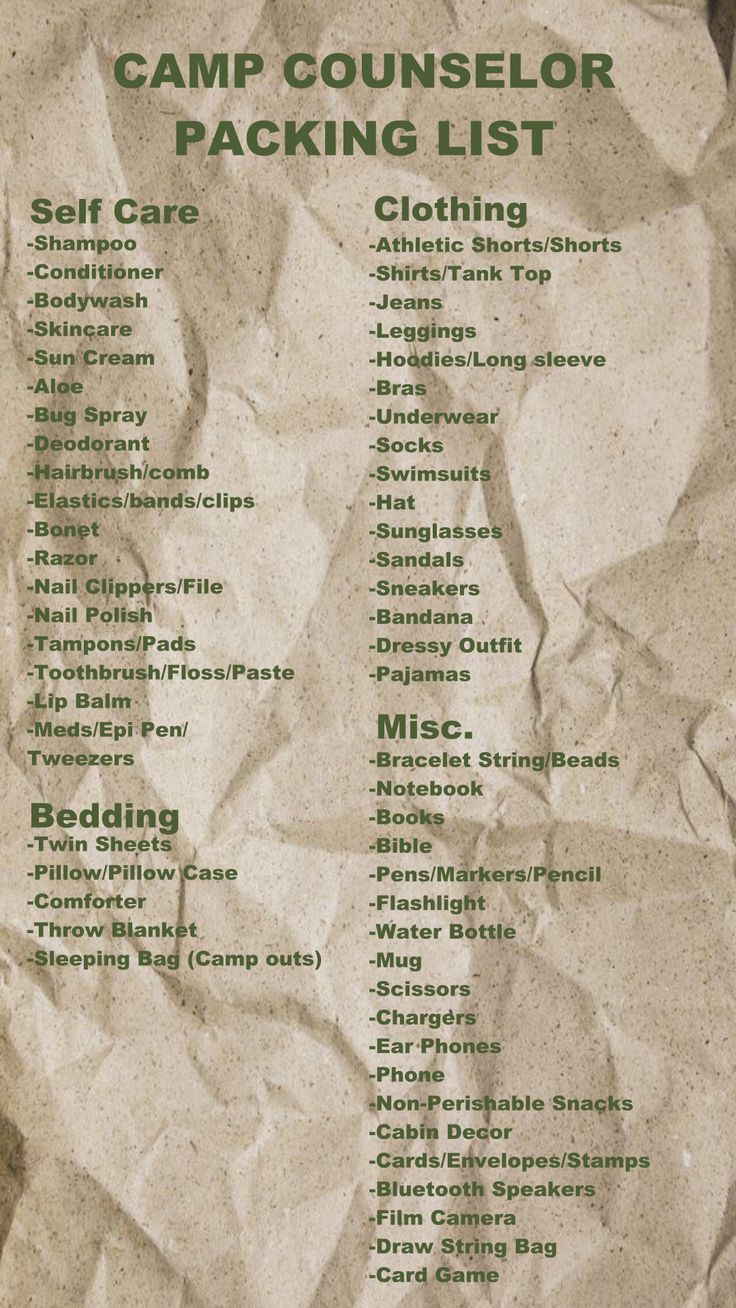 the camp counselor packing list is displayed on a piece of brown paper with green writing