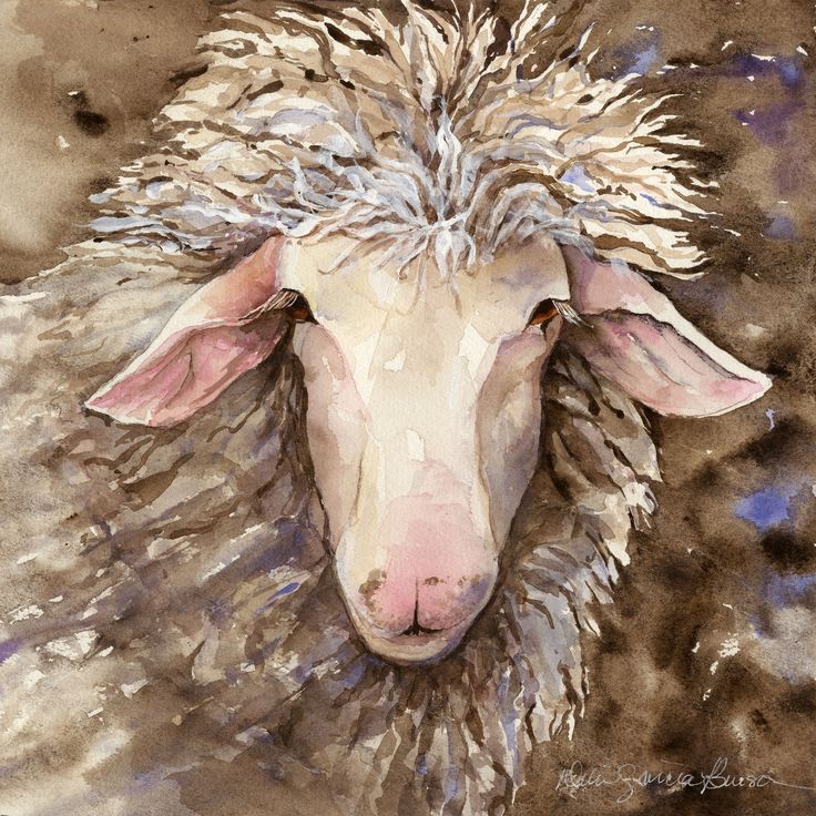 a painting of a sheep's head in watercolor and pen and ink on paper