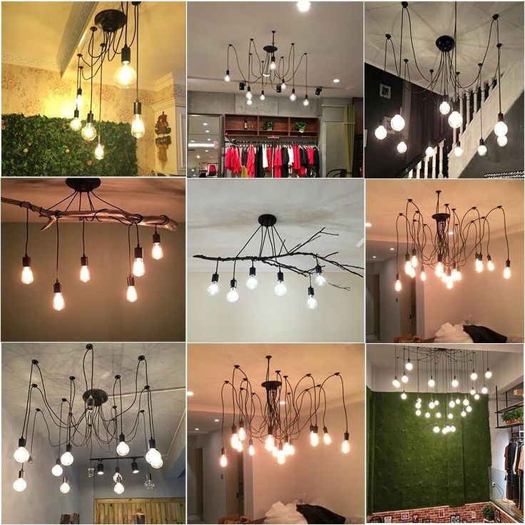 several different types of chandeliers hanging from the ceiling in various styles and colors