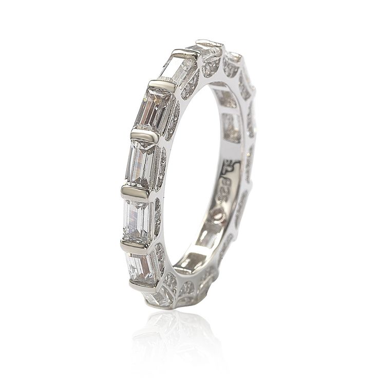 Stunning, timeless and classy eternity band ring. This brilliant ring is filled with rich, high quality emerald-cut cubic zirconia baguettes, hand set horizontally in the trendiest, yet classy U-shape setting, featuring glistering pave gemstones draping across the sides, all hand set in high polished 925 sterling silver. Every single ring is man made, making it a unique masterpiece. Surprise someone special in your life with this luxurious anniversary ring. Could be used as a wedding ring as wel Baguette Eternity Band, Gemstone Brooch, Cubic Zirconia Bracelet, Cubic Zirconia Necklace, Cubic Zirconia Jewelry, Eternity Band Ring, Creating Jewelry, Cubic Zirconia Earrings, Jewelry Rings Diamond