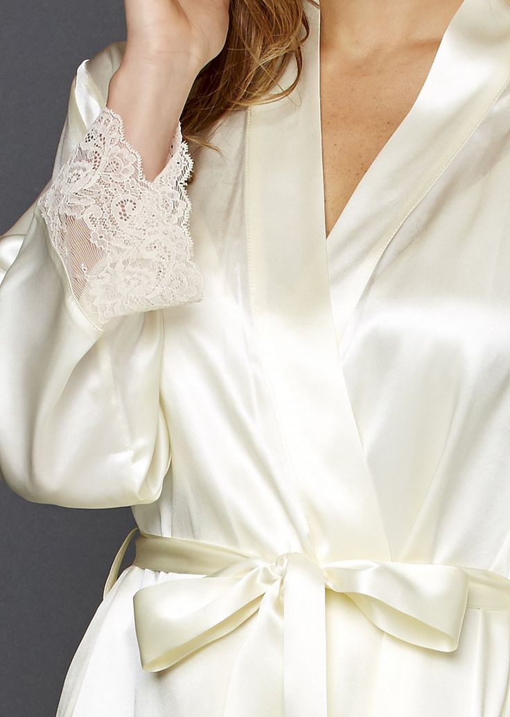 Tivoli Allura Silk Robe | Julianna Rae Elegant Wrap Kimono For Wedding Night, Elegant Satin Kimono For Wedding Night, Elegant Silk Kimono For Wedding, Elegant Long Wedding Night Robe, Elegant Lace Wedding Robe, Elegant Long Kimono With Lace Trim, Elegant Long Cream Kimono, Elegant Long Lace Trim Kimono, Elegant Wrap Robe For Wedding