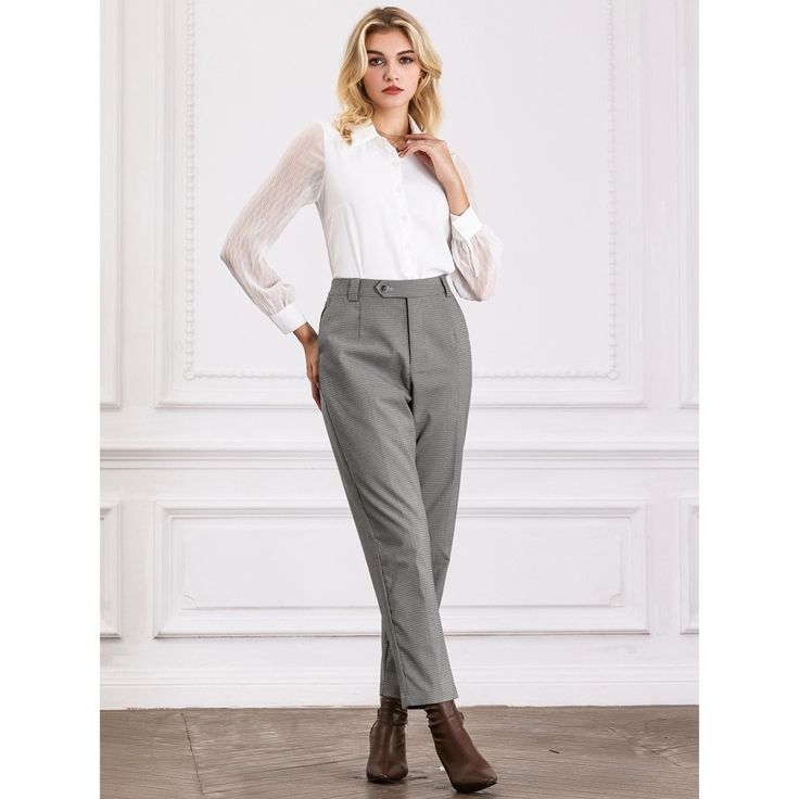 Keep your look professional and stylish in this pant from Hobemty featuring a houndstooth printed slant pocket button closure long length. Pair with solid shirts and high heels for a vintage office look. Focused on Ladies' Semi-Formal Wear - This pant can be a perfect addition to almost any outfit from formal to daily wear great for work meeting office businesses work casual daily dressing etc. The material composition is 65% Polyester, 33% Rayon, and 2% Spandex, ensuring a comfortable fit. Mach Business Pants With Button Closure For Fall, Flat Front Pants For Workwear, Fall Season, Flat Front Pants For Fall Workwear, Fall Office Work Pants Straight Fit, Flat Front Bottoms For Workwear In Fall, Fall Slim Fit Office Pants, Fall Office Straight Work Pants, Slim Fit Office Pants For Fall, Spring Business Casual Work Pants With Button Closure