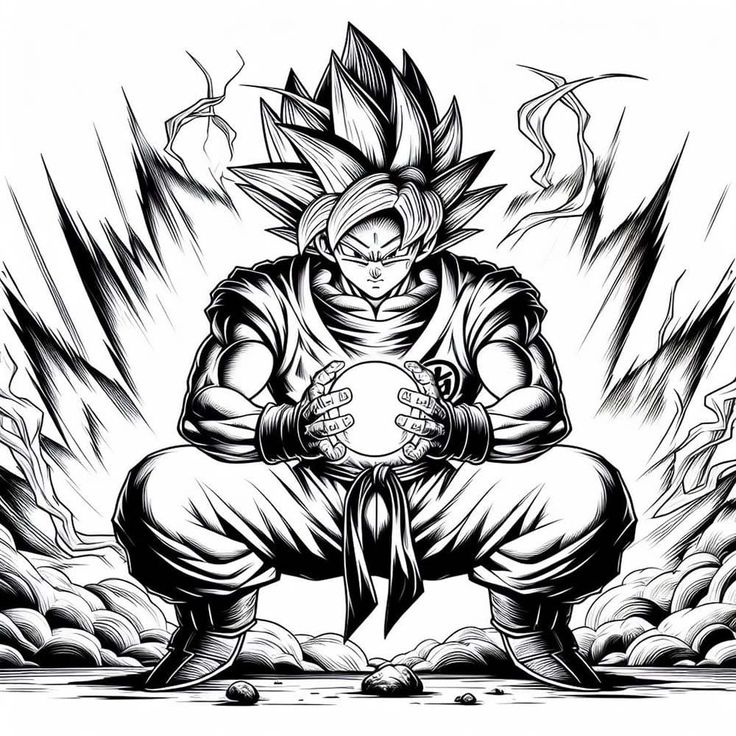 a black and white drawing of gohan holding a ball in his hands with clouds behind him