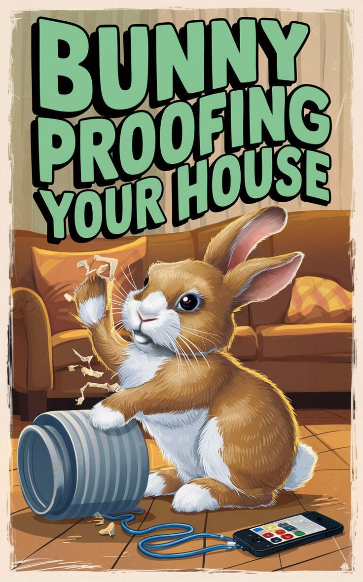 a rabbit is sitting on the floor next to a remote control and a poster that says bunny proofing your house