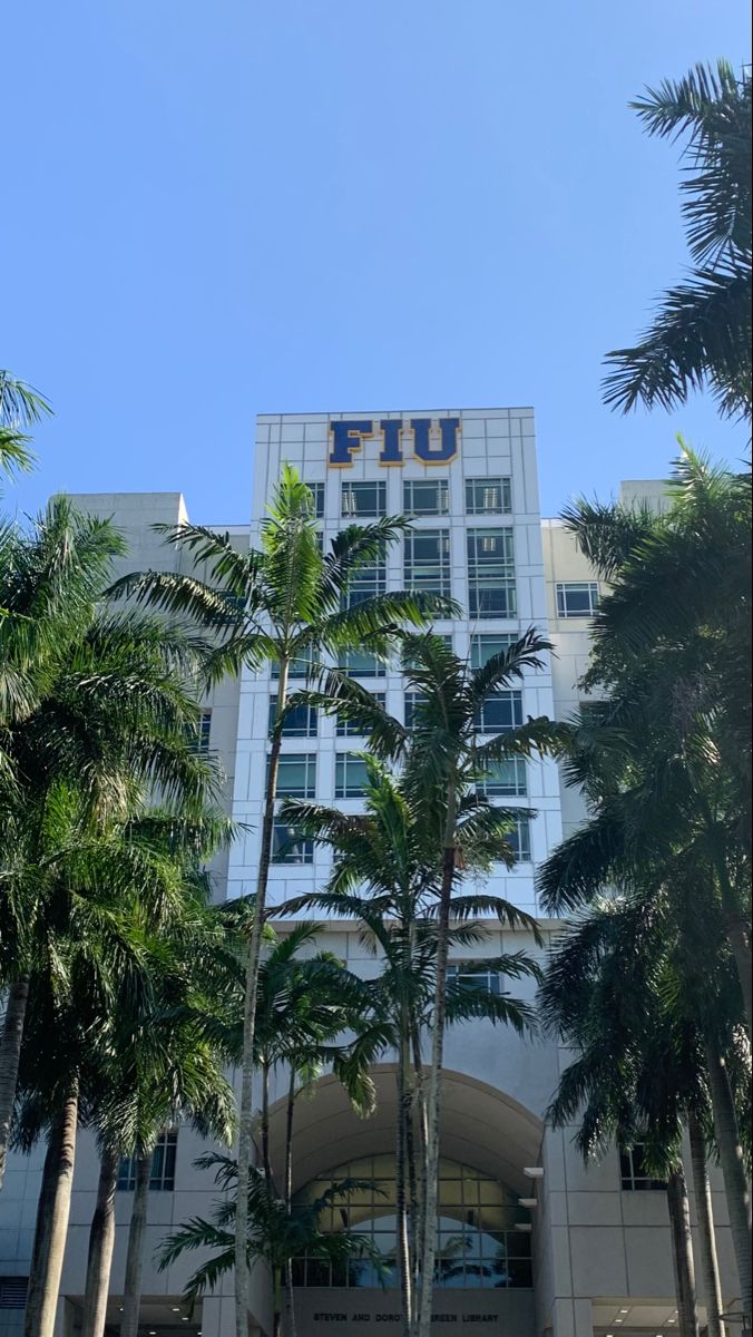 a tall building surrounded by palm trees on a sunny day