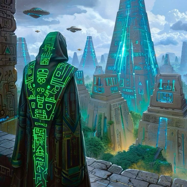 a man standing in front of a futuristic city with green neon lights on his hood