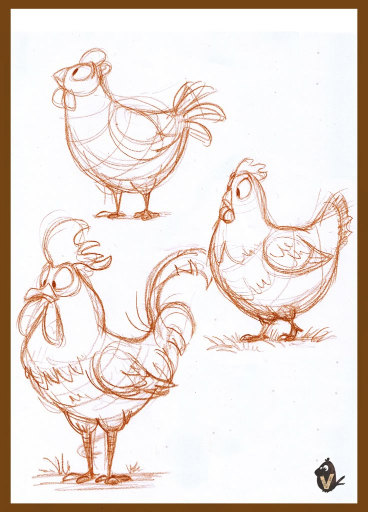 three chickens standing next to each other on top of a field