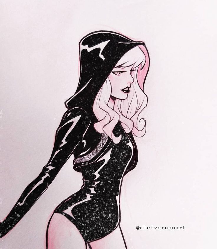 a drawing of a woman in a black bodysuit and hoodie with her hands on her hips